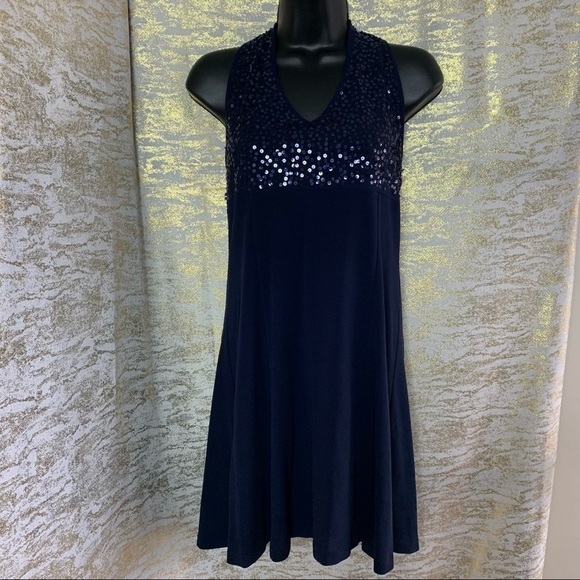 Orna Farho Dark Navy Blue Sequinned Halter Dress - Picture 3 of 13